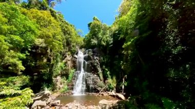 Güzel bir şelale ve nehir kayalık dağdan düşüyor. Parkta ağaçlar var.