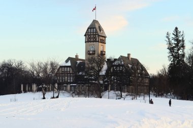 Kış boyunca Banff, Kanada 'da ağaçlarla çevrili Assiniboine hayvanat bahçesi ve tiyatro parkı