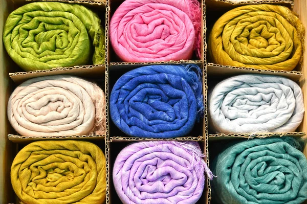 Closeup Shot Various Colors Ethnic Silk Pashmina Scarves Boxes — Stock Photo, Image