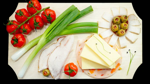 Une Couche Plate Différents Légumes Fromages Avec Viande Blanche Sur — Photo