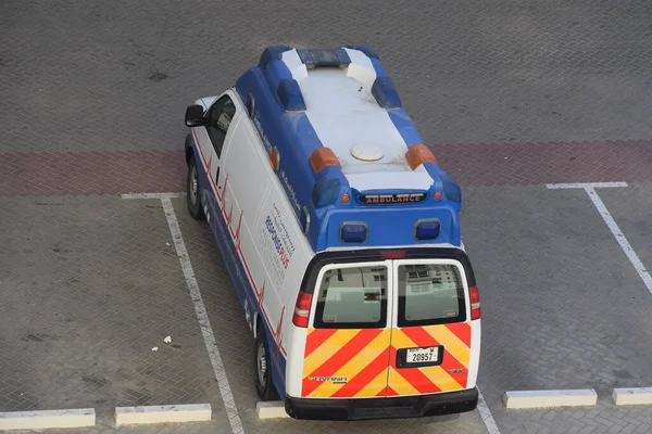 Blue White Colored Ambulance Truck Dubai Parking Black White — Stock Photo, Image