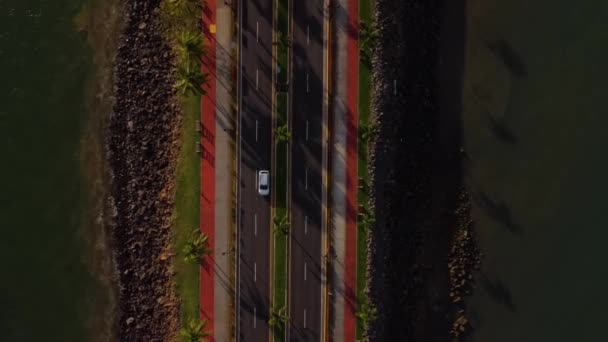 Eine Drohne Schoss Eine Asphaltierte Straße Mit Aufgemalten Weißen Linien — Stockvideo