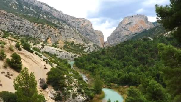 Una Vista Hermosas Montañas Altas Rocas Cubiertas Arbustos Bosques Bajo — Vídeos de Stock