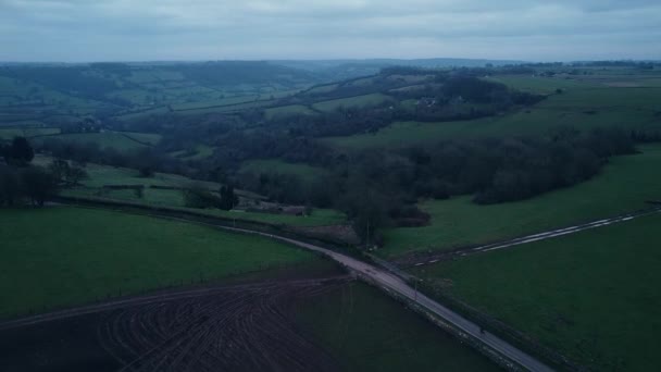 Aerial Landscape View English Countryside Green Fields Purple Sky — Stock Video