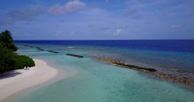 Turkuaz suyu olan bir adada tropikal ağaçlarla dolu güzel bir kumlu sahil görüntüsü.