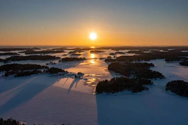 Aerial Drone View Islands Finnish Archipelago Cold Winter Sunset — Stock Photo, Image
