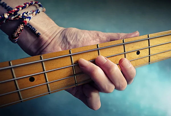 Closeup Hand Holding Chord Neck Bass Guitar Backgrounds — Stock Photo, Image