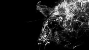 Beyaz bir duman yükselip siyah arka planda soyut figürlere dönüşüyor.