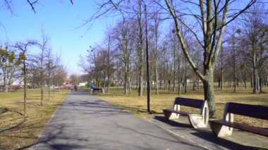 Güneşli bir bahar gününde Jan Pawla parkında yeşil çimenler ve ağaçlar boyunca bir patika manzarası.