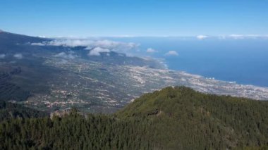 İspanya 'nın Kanarya Adaları' nın arka planında deniz ve kasabalı bir dağ ormanının hava aracı görüntüsü.