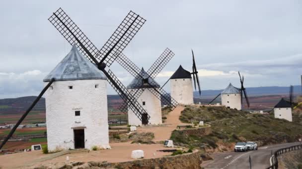 Větrné Mlýny Consuegra Známé Místo Španělsku Pro Donquijote Španělsku — Stock video