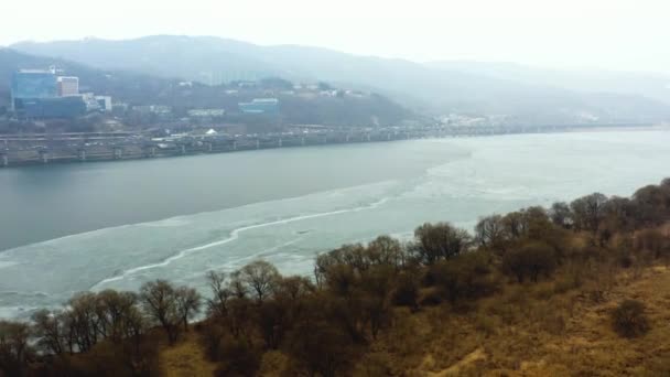 Drone Beelden Van Han Rivier Met Het Stadsbeeld Zuid Korea — Stockvideo