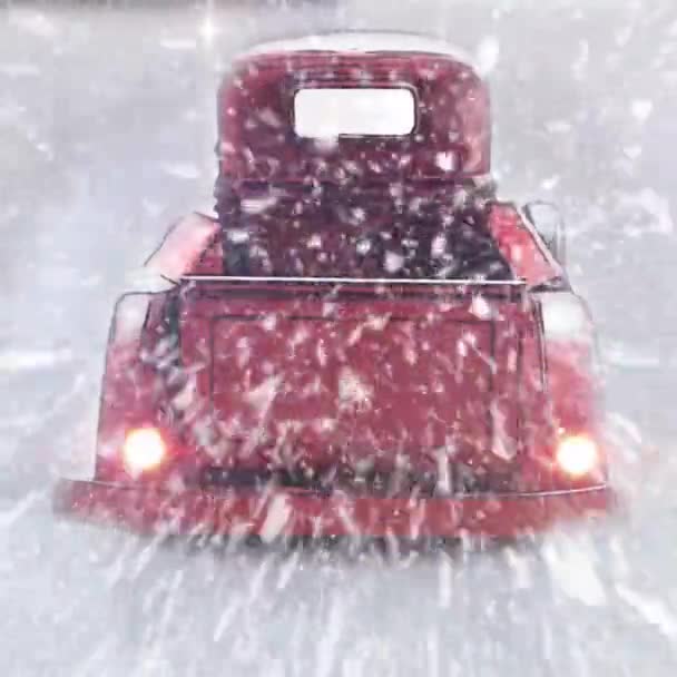 Una Vista Una Camioneta Animada Roja Conduciendo Tormenta Nieve Copos — Vídeos de Stock