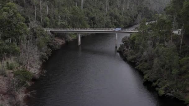 环绕着茂密森林的河流上的一座桥和一辆汽车的空中景观 — 图库视频影像