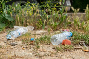 Yerde iki tane boş plastik su şişesi var.