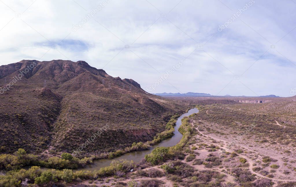 A beautiful shot of the Verde River and its Tributaries in Sedona Verde Valley in dry landscape with mountain