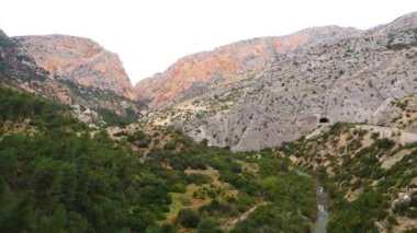 Güzel dağların manzarası ve kasvetli gökyüzünün altındaki çalılarla ve ormanlarla kaplı yüksek kayalar.