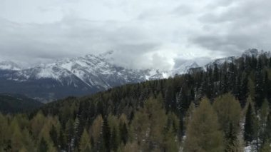 Kışın kar ve çam ormanlarıyla kaplı İtalyan Dolomitlerinin kuş bakışı görüntüsü.