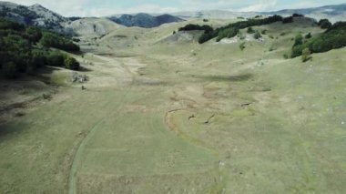 Gün ışığında dağların arasındaki yeşil kırsal alanın havadan görüntüsü.