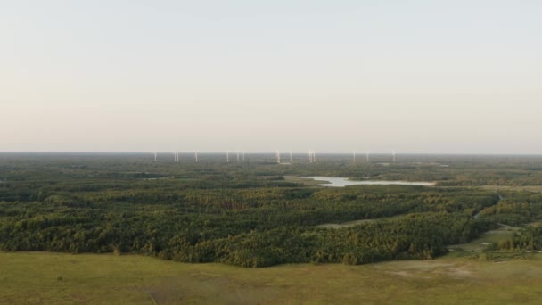 Eine Drohne Filmt Elektrische Windmühlen Der Ferne Auf Einem Waldfeld — Stockvideo