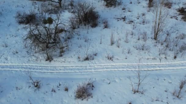 Atv Passando Neve Profunda Durante Inverno Ucrânia Imagens Drones — Vídeo de Stock