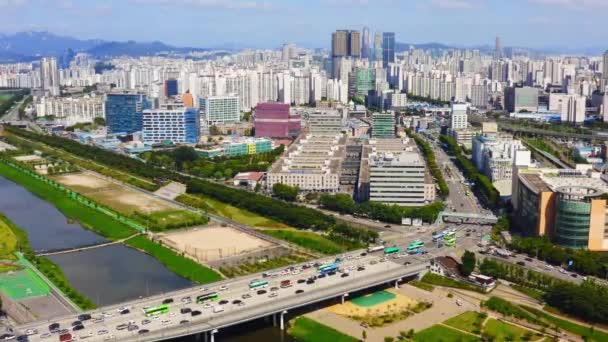 Widok Lotu Ptaka Projekt Pięknego Stadionu Zabudowaniami Seulu Korea Południowa — Wideo stockowe