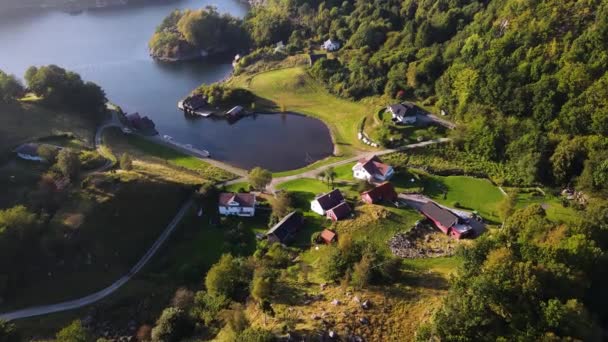 Letecký Pomalý Pohyb Kolem Lesa Chalup Vody Hardangerfjordu — Stock video