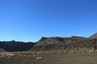Tongariro Ulusal Parkı, Yeni Zelanda 'daki çalılarla kaplı kayalık tepelerin manzarası