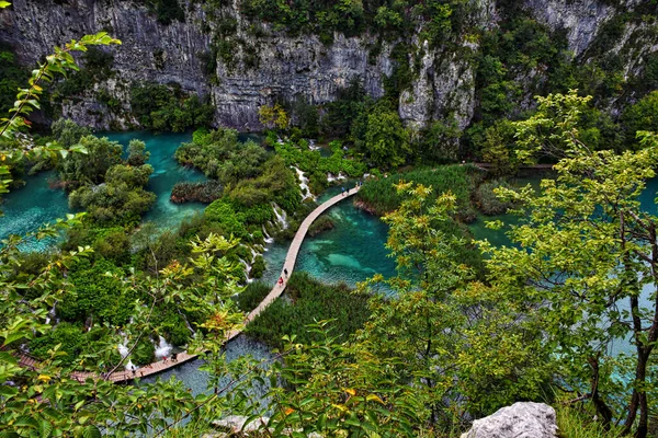 クロアチアの崖や木に囲まれたプリトヴィツェ湖に架かる橋の空中撮影 — ストック写真