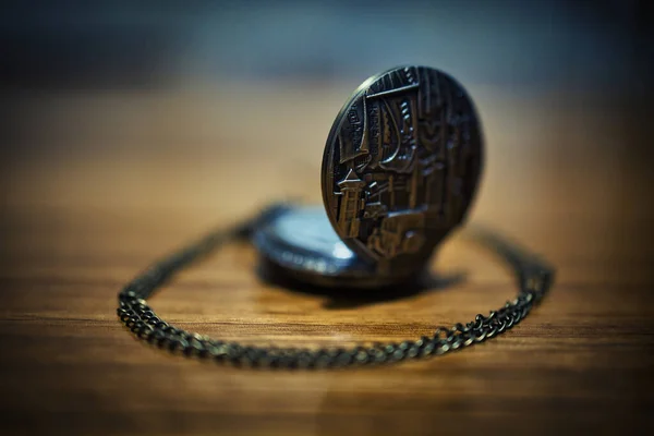 Closeup Shot Old Quartz Pocket Watch Wooden Table — Stock Photo, Image