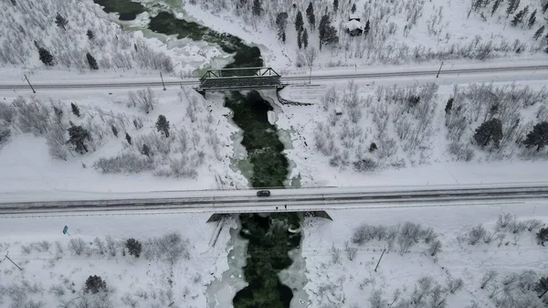 Aerial Shot Railway Frozen Forest — Stock Photo, Image