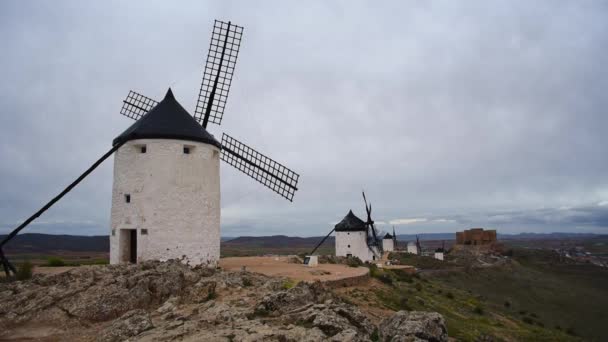 Větrné Mlýny Consuegra Známé Místo Španělsku Pro Donquijote Španělsku — Stock video