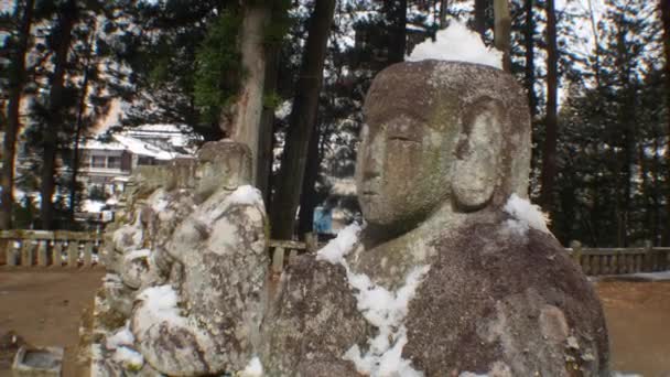 Una Fila Viejas Estatuas Piedra Buda Japón Durante Invierno — Vídeos de Stock