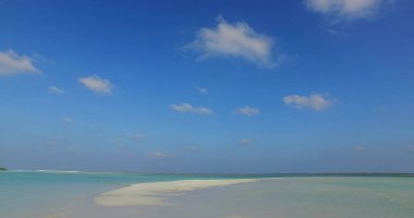 Okyanustaki küçük kumlu adaların ve açık gökyüzünün altında rahatlatıcı bir manzara.