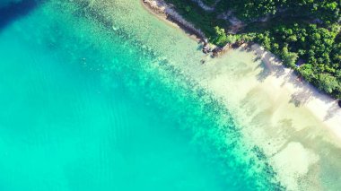 Asya 'da bir yerde kumlu bir sahil ve mavi bir su manzarası.