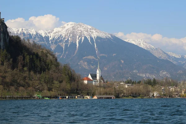 Una Hermosa Vista Del Lago Bled Rodeada Los Alpes Eslovenia — Foto de Stock