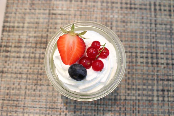 Closeup Homemade Pineapple Mango Sorbet Whipped Cream Berries Top — Stock Photo, Image