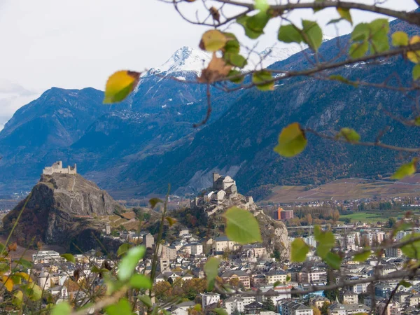 Veduta Aerea Dello Skyline Attraverso Gli Alberi Sion Svizzera — Foto Stock