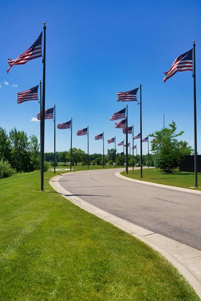 Bayrak Direkleri Üzerinde Amerikan Bayraklarıyla Çevrili Bir Anıt Parkı Dikey — Stok fotoğraf