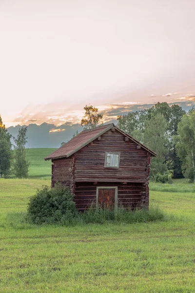 背景に木があるスウェーデンの田舎の垂直ショット茶色の木造コテージハウス — ストック写真