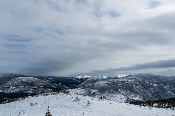 Ένα Όμορφο Χειμερινό Τοπίο Κοιλάδα Του Βουνού Δάσος Και Βουνά — Φωτογραφία Αρχείου