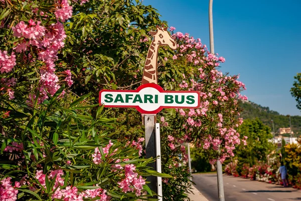 Segno Safari Bus Zoo Giraffa Sfondo Cielo Blu Maiorca Spagna — Foto Stock