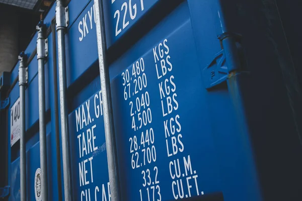 Closeup Blue Intermodal Container Weights Mentioned Kgs Lbs — Stock Photo, Image
