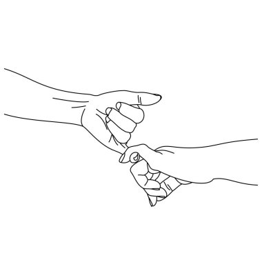 İki insan serçe parmaklarını birbirine kenetleyip beyaz bir arkaplanda izole bir şekilde serçe parmağı yemini ya da kutsal bir sözü sembolize eden minimalist bir çizgi çizerler..