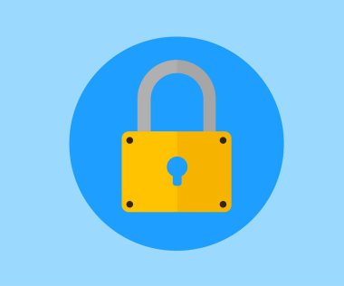 Sarı asma kilit, açık mavi arkaplana karşı güvenlik ve dijital veya fiziksel varlıkları temsil eden parlak mavi çember içinde yer alır..