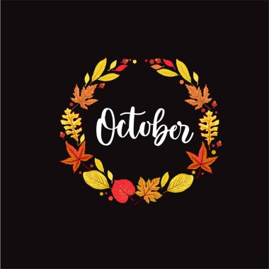 Ekim el yazısıyla yazılmış sonbahar yaprakları vektörü