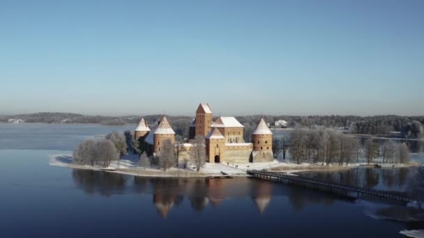 Aerial Slow Motion Trakai Island Castle Surrounded Frozen Trees Galve — Stock Video