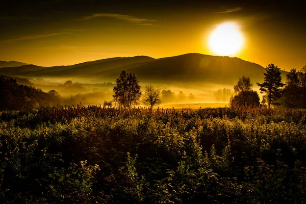 Ein Faszinierender Blick Auf Einen Malerischen Sonnenaufgang Mit Einer Bergigen — Stockfoto
