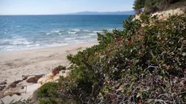 Kumlu sahile vuran deniz dalgalarının sakin bir görüntüsü.