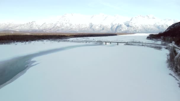 Drohnen Ansicht Einer Brücke Über Flüsse Neben Feldern Winter Hintergrund — Stockvideo